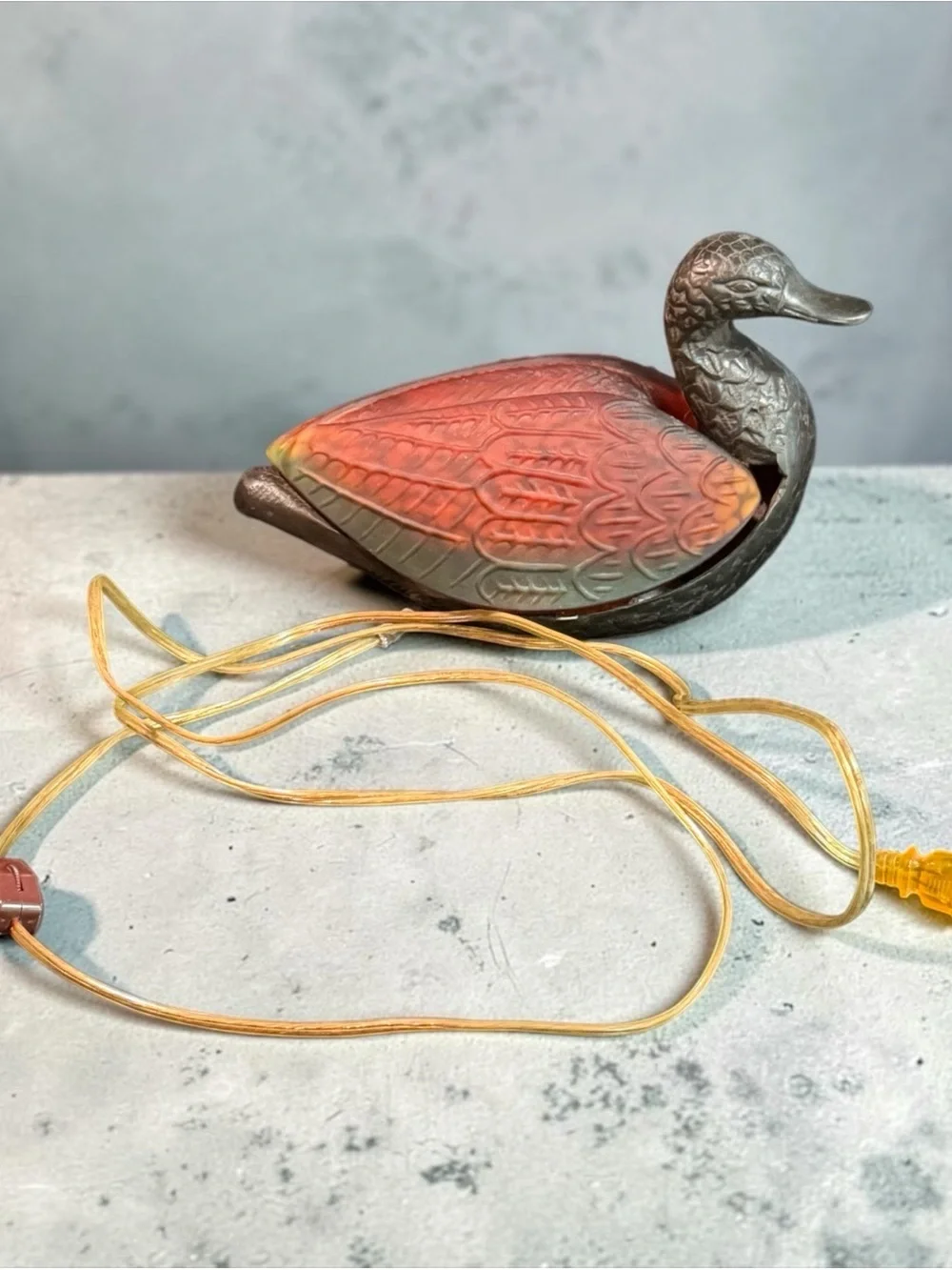 Vintage Lighted Amber Glass Duck Accent Lamp - Night Light with Metal Body